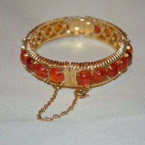 Vintage Fine Art Metal Work 20 Amber Round Cushion Cabochons Bracelet - 2 1/4'
